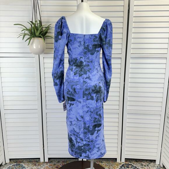 New Open Edit‎ Marbled Long Sleeve Midi Dress Blue Geode Slit Puff Sleeve Size S - Picture 5 of 11